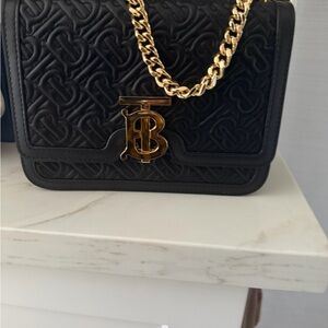 Burberry Black Embossed Leather Crossbody with Gold Chain
